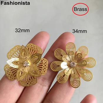10 יח ' - 3D פליז פרחים שלוש שכבות פליז רקמת פרחים על תכשיטים מלאכת יד עושה 32mm / 34mm זהב-צבע אלבום עיצוב -F