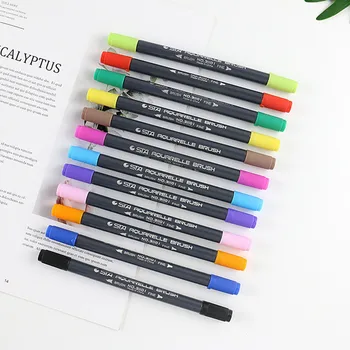12Pcs כפול הסתיים עט סימון ראש רך 12 צבע בצבעי פיגמנט עט דיו צבע העט מצויר ביד מברשת