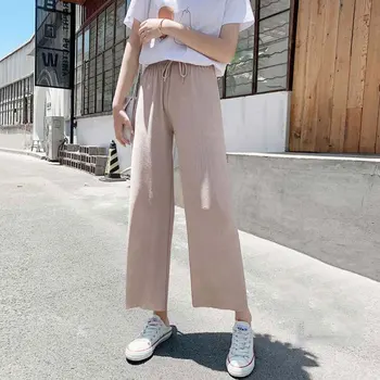 2022 הקיץ גבוה מכנסיים מותן נשים רופף סרוגה מכנסיים נשים קוריאני סגנון מכנסיים מכנסיים שחורים לנשים