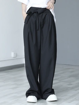 2023 אביב חדש בסגנון שחור רטרו, יפני משוחרר תחרה למטה מגב מכנסיים רחבים הרגל מכנסיים נשים מכנסיים