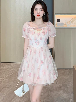 2023 הקיץ שפרינק פרחוני פאף שרוול קשת Sqaure קולר שמלת מיני קוריאנית אופנה שיק Kawaii להתלבש נשים אלגנטי שמלות Bodycon