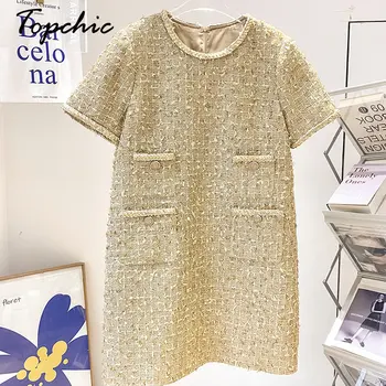 2023 יוקרה מעצבים באיכות גבוהה זהב שמלת צמר אביב סתיו אלגנטי O-צוואר שרוול קצר קו שמלות מיני Vestidos