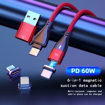 6 ב1 PD60W מהיר טעינת כבל נתונים החלים סוג אנדרואיד-c Apple כבל נתונים USB 3 מגנטי היניקה ראש 18W מתאם
