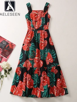 AELESEEN נשים קיץ סיציליאני ספגטי רצועת השמלה מסלול האופנה פרח אדום הדפסה זמן המפלגה אלגנטי נופש פיג ' מה