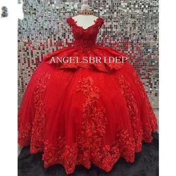 Angelsbridep כדור אדום שמלת קינסאנךרה שמלות 16 2023 מחוץ כתף תחרה עד בחזרה אפליקציות בתחרות מסיבה נסיכה