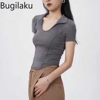 Bugilaku מוצק צבע Slim Fit Tshirts נשים לפנות למטה צווארון שרוול קצר פשוט חולצות נקבה אופנת רחוב, אופנה בנות מקסימום