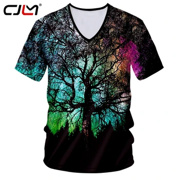 CJLM אדם חדש צבעוני V צוואר חולצת טי מודפס 3D אישיות חולצת טריקו כוכבים בשמיים עץ Mens ספנדקס חולצה חמה למכירה סיטונאית