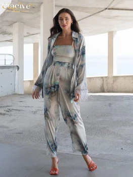 Clacive אופנה סלים הדפסה נשים שני חלקים תלבושות אלגנטי שרוול ארוך חולצה +גופיה ללא שרוולים עם גבוהה המותניים של המכנסיים סטים