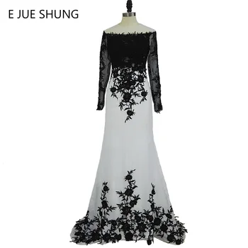 E ' ואה SHUNG לבן ושחור התחרה בתולת ים חתונה שמלות שרוולים ארוכים אלגנטי שמלות כלה שמלות כלה החלוק דה נשף