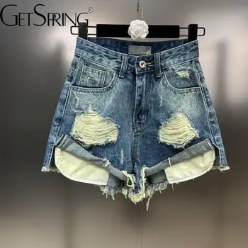 GetSpring נשים מכנסי ג 'ינס 2023 הקיץ טלאים כחול ג' ינס מכנסיים קצרים כל התאמה רופף אופנה מזדמן מכנסי ג 'ינס ג' ינס מכנסיים
