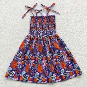 GSD0405 הים תפוז פרחוני אלסטי, השמלה Gilrs מלבישים את הילדים בוטיק בגדים סיטונאי