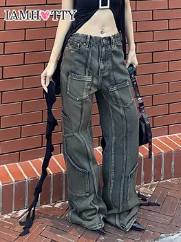 IAMHOTTY y2k גראנג 'רב כיסים וינטג' ינס גבוהה המותניים לעשות הישן רחבים מכנסי ג ' ינס נשים פאנק אופנת רחוב ישר מכנסיים 2023