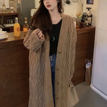 Knitwears נשים סוודר קלאסי האן מהדורה טוויסט סריגה מעיל רופף זמן מטר עם צבע טהור ' וקר חדש קרדיגן נקבה