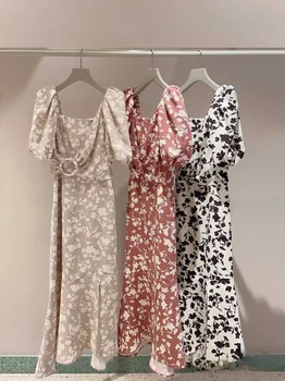 Kuzuwata יפן אלגנטי צוואר מרובע שמלות ארוכות עטופות המותניים פאף שרוול מודפס החלוק 2023 הקיץ פיצול אבזם Vestido Feminino