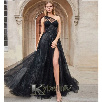 Kybeliny שחור שמלות לנשף כתף אחת חרך שמלות ערב Vestidos דה פיאסטה 2023 לנשים נוצץ טול בהזמנה אישית