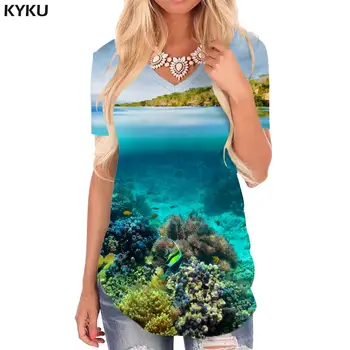 KYKU האוקיינוס חולצת נשים אלמוגים חולצות דגים 3d V-צוואר חולצת טי מפרש הדפסת חולצה נשים בגדי פאנק רוק מודפס אופנת רחוב