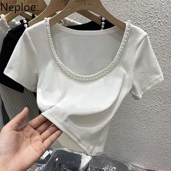 Neploe קצר חולצה שרוול בסגנון המערבי אופנה קיץ תעשייה כבדה משחיל חרוזים לכל היותר גבוהה המותניים רזה הצווארון המרובע טי