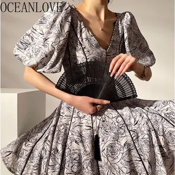 OCEANLOVE Vestidos Mujer פנס שרוול צוואר V הדפס וינטג קוריאני אופנה שמלות קיץ לנשים אלגנטי חלוק נשי