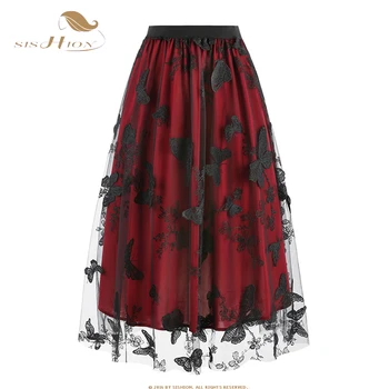 SISHION רשת פרפר רקמה חצאיות לנשים VD3994 הקיץ אלסטי המותניים שחור לבן אדום חצאית מידי