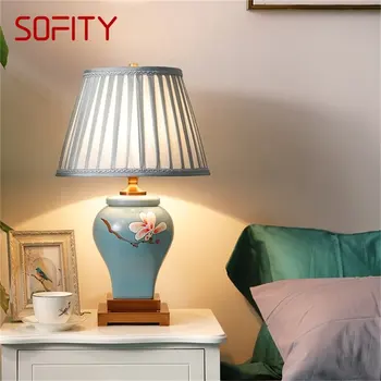 SOFITY קרמיקה מנורות שולחן כחול יוקרה פליז בד שולחן אור הביתה דקורטיביים עבור הסלון, חדר האוכל, חדר השינה