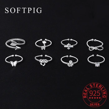 SOFTPIG אמיתי 925 כסף סטרלינג ג ' ירפה טבעת מתכווננת עבור נשים מקסימות מסיבת חמוד תכשיטים יפים מינימליסטי חיה Faux