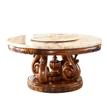 Ugyen עץ שולחן שולחן אוכל משיש טבעי עגול מעץ מלא גילוף עם הפטיפון