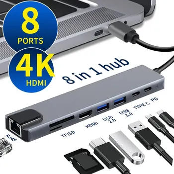 USB C-Hub 8 1 סוג C 3.1 ל-4K מתאם HDMI עם RJ45 SD/TF קורא כרטיסים משטרת מהר תשלום עבור MacBook למחשב נייד מחשב נייד מחשב