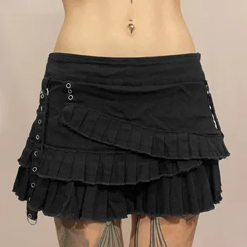 Y2k חצאית גבוהה המותניים מיני עם קפלים החצאית נשים לפרוע טלאים אופנת רחוב Y2K גראנג 'Kawaii קיץ בגדי ג' ינס חצאיות אי הבנות.