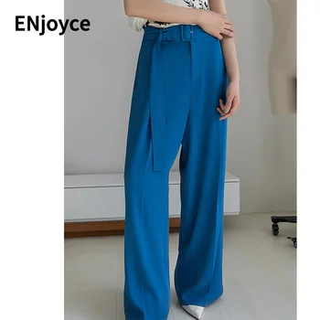 אביב קיץ נשים רחב הרגל כחול המכנסיים Workwear קוריאני סגנון קליל משוחרר גבוהה המותניים ישר מכנסיים ארוכים