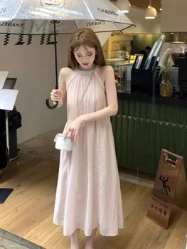 אישה פרל Midi שמלה אלגנטית מתוק הקולר רשת רופף קיץ חדש קוריאני אופנה שמלות ערב מוצק סקסי נשי מזדמן פיות