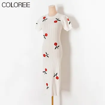 אלגנטי רקמה פרחונית שמלות לנשים 2023 מזדמן O-צוואר לבן שחור לסרוג סוודר שמלת קיץ Vestidos Midi