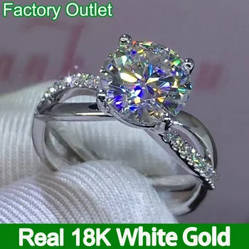 אמיתי 18K לבן זהב לבן טבעת צלב המשולב נשים אירוסין מסיבת הנישואין טבעת נישואין עגול Moissanite יהלום Luxuly