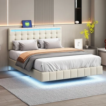 בז ' בגודל קווין צף מסגרת מיטה עם נורות LED ו-USB לטעינה,מודרני מרופדים פלטפורמה LED מסגרת המיטה
