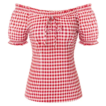 בל Poque נשים קיץ צבעונית העליון 1950 חופש בציר כתף החולצה דו-כיווני משבצות לכל היותר צוואר צוות כיבוי/כתף מקסימום A20
