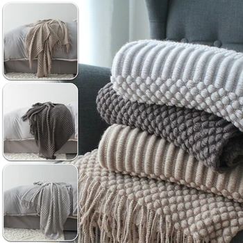 בסגנון נורדי משובץ לסרוג מזגן לכסות תנומה שמיכה נוחה חם ציצית מוצק צבע שמיכות עבור מיטות ספה.