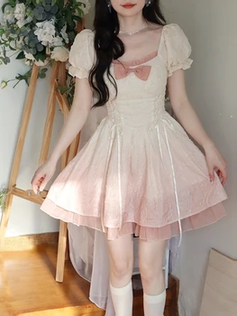 בציר קצרה שמלת מסיבת Kawaii חתיכה אחת שמלת אופנה קוריאנית 2023 הקיץ שיק לוליטה המתוקה Y2k מיני שמלה אישה שרוול קצר
