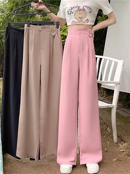 גבוהה המותניים רחבות ישר מכנסיים של נשים מקרית מוצק בגדים אלגנטיים ישר שיק אופנת רחוב מכנסיים אביב קיץ