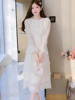 האביב לבן שיפון פרע קפלים שמלה ארוכה נשים קוריאני אופנה שיק מסיבה בלילה 2023 שמלה אלגנטית Bodycon שמלות יוקרה