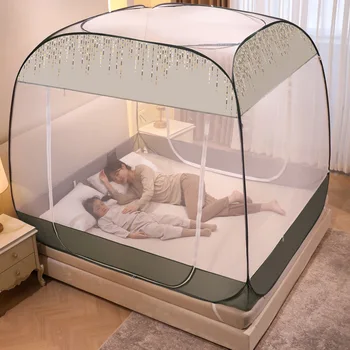 חדש אוהל כילה נגד יתושים התקנה חינם מתקפל שלוש דלתות באופן מלא עטוף נגד יתושים למיטה מיטת אפריון, אוהל הביתה טקסטיל