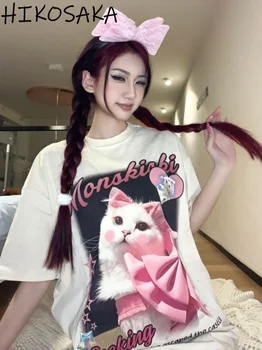 חתול מודפסת עם שרוולים קצרים חולצת הטריקו לנשים 2023 אופנתי קוריאה תכליתי Y2k העליון Harajuku רחוב Hippop מנופחים קט טי