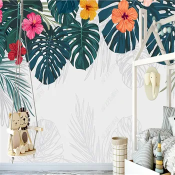 טריים קטן טפט בחדר של הילד צבוע ביד הטרופית צמח העלים חדר ילדים רקע קיר ניירות ציור קיר לעיצוב הבית