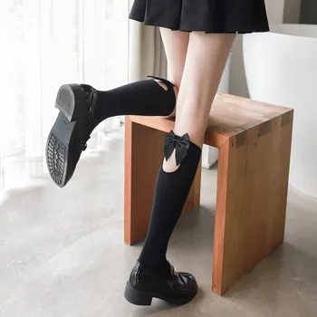 יפנית קטיפה עגל גרביים ילדה קשת גבוה בינוני צינור נשים גרביים חמוד לוליטה באורך הברך, גרביים אביב קיץ שחור לבן