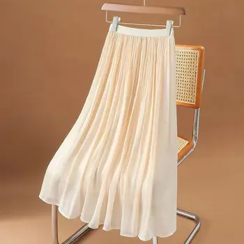 מבריק שיפון קפלים חצאית אופנה קוריאנית נשים בעבודה מזדמנת אלסטי המותניים שחור לבן צד מידי חצאיות ארוכות אביב קיץ