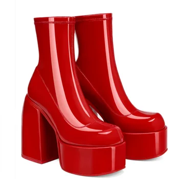מגפי קרסול נשים אופנה אדום הברך מגפיים גבוהים רוכסן בוהן מרובע פאנק העקב עבה מגפי בוקרים חורף חדש אלגנטי Botas דה Mujer