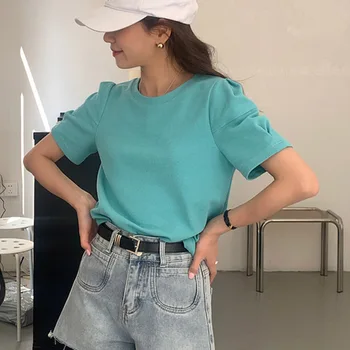 מוצק העליון נשים פאף שרוול קצר חולצה 2023 חדש קוריאני אופנה מקסימום בקיץ או הצוואר שיק מזדמן חולצות אסתטי בגדים