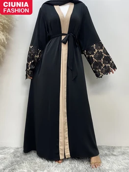 מכירה חמה נידה שחור פתוח כפיות לנשים מוסלמיות שמלות של דובאי שרוול ארוך אפליקציות מרוקו Kaftan טורקיה הרמדאן חלוק קימונו
