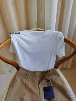 נשים כותנה משי טי-שירט באיכות נשי מוצק צבע לבן מנהיג חולצת טריקו משי כותנה קלאסי קצר שרוול קצר למעלה
