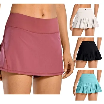 נשים ספורט טניס חצאיות מוצק צבע כושר קצרים גבוהה המותניים אתלטיקה ריצה קצרה עם קפלים ספורט Skort כיס חצאית מיני