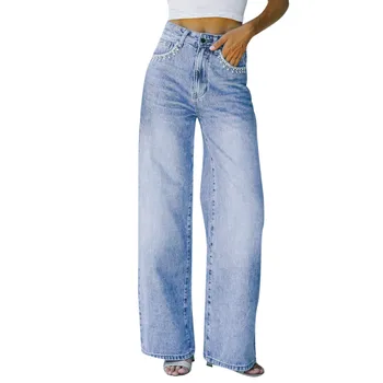 נשים פרח בכיס המכנסיים גבוהה המותניים ג 'ינס ארוך ג' ינס מכנסיים רופפים מזדמן רחב רגל סרבל מכנסיים אופנת רחוב 2023 מכנסיים