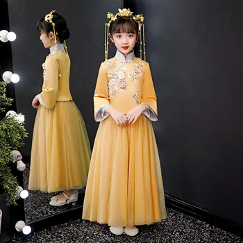 סתיו בנות Hanfu ארוך שרוולים שמלת ביצועים בגדים חדשים רקום יום הולדת שמלת מסיבת חתונה פרח בגדי ילדים